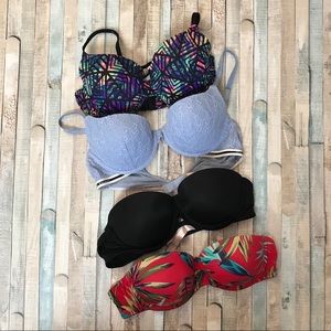 4 Victoria Secret bras 36B black blue floral push